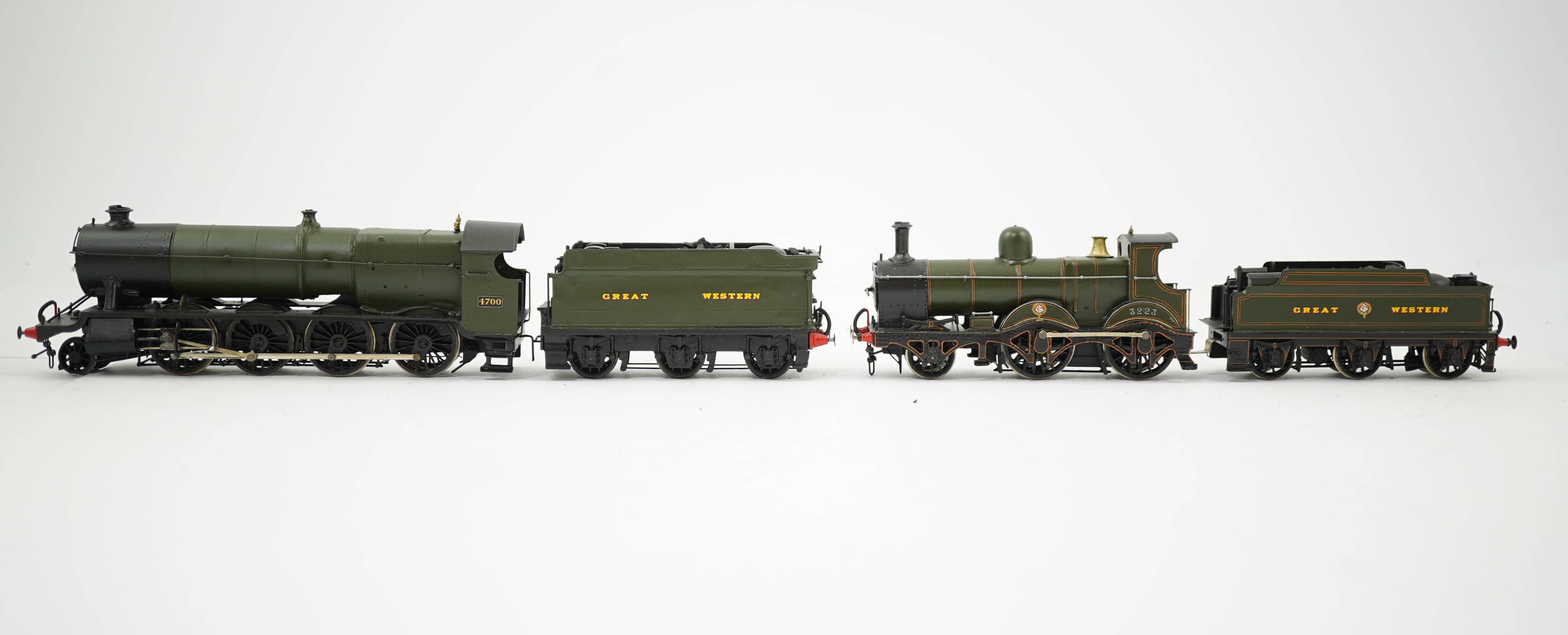 Two 00 gauge brass and white metal kit built GWR tender locomotives; a 4700 class 2-8-0, 4700, together with a Dean Barnum class 2-4-0, 3223, constructed, painted and lined to a high standard, both motored for two rail o